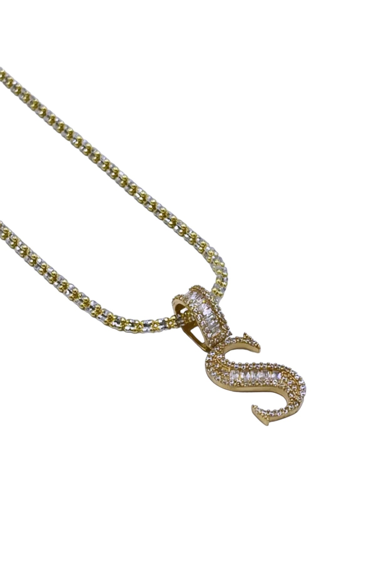 14K Initial Name Pendant with Ice Chain Yellow Gold