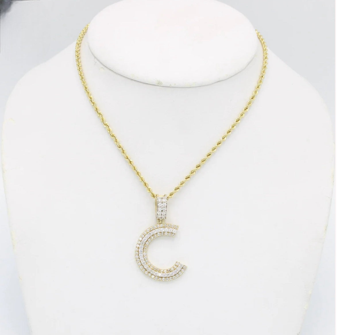 14K Initial Name Pendant Cz Stones With Rope Chain Yellow Gold