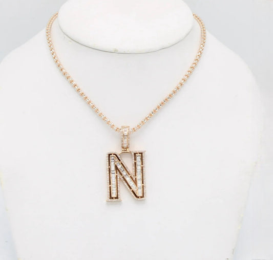 14K VS Diamond / Baguette Initial Name Letter Pendant With Ice Chain Rose Gold