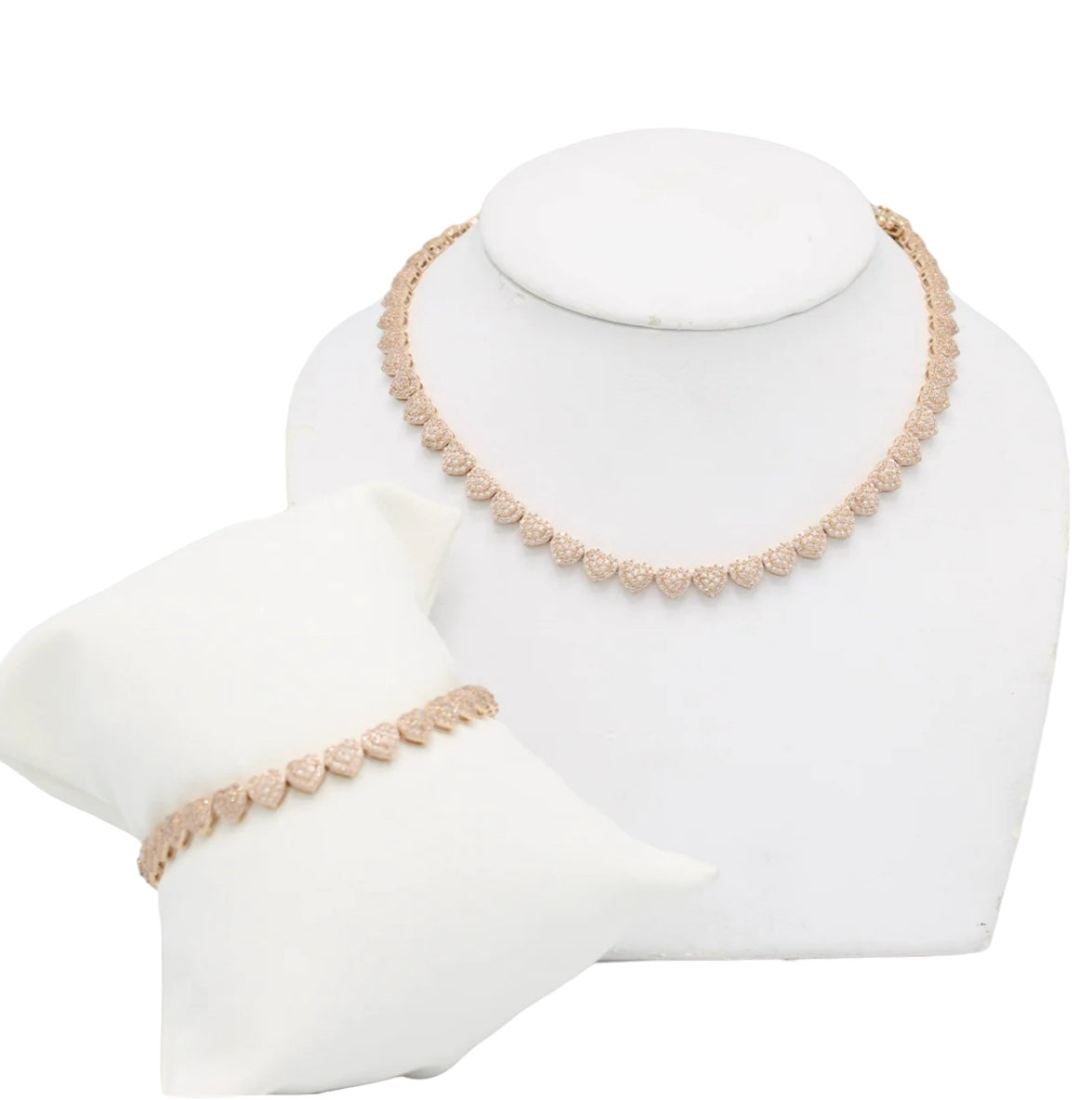 14K Set Heart Choker With Bracelet Cz Stones Rose Gold