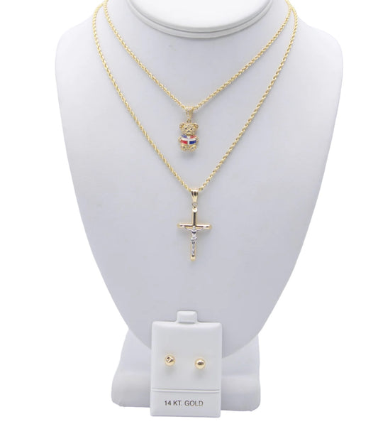 14K TEDDY BEAR DOMINICAN FLAT - CROSS PENDANT + FREE EARRINGS